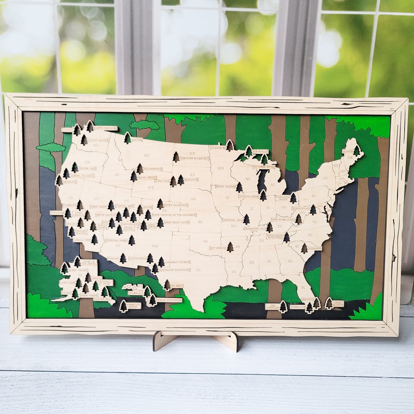 Handpainted "Forest" US National Parks Tracker Map - 18x11