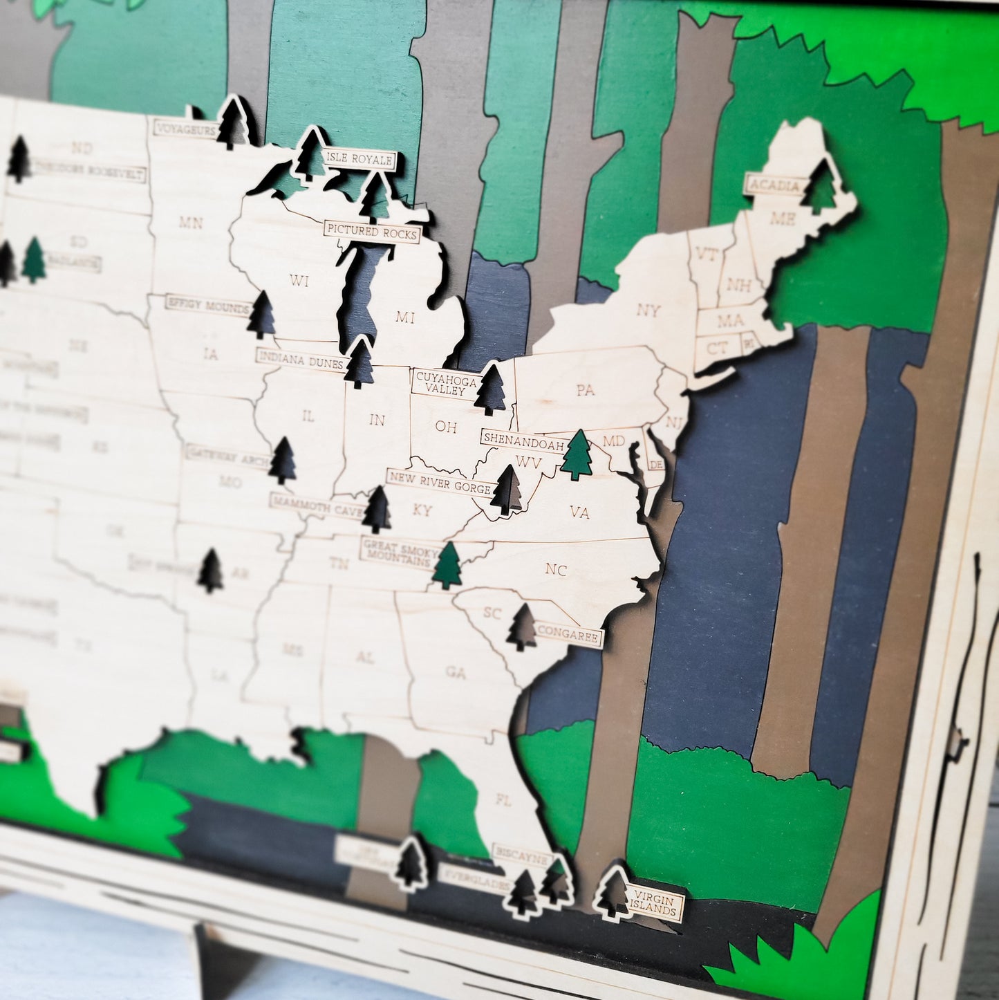 Handpainted "Forest" US National Parks Tracker Map - 18x11