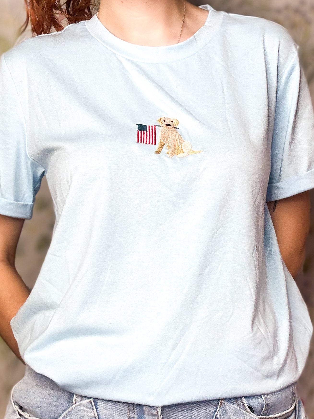 Light Blue Dog Holding American Flag T Shirt