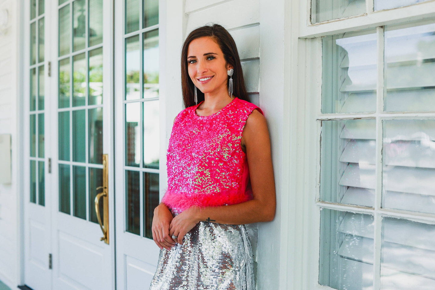 Feather or Not Sequin Crop with Feather Trim, Hot Pink