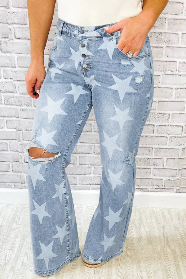 Star Printed Destroyed Plus Size Jeans