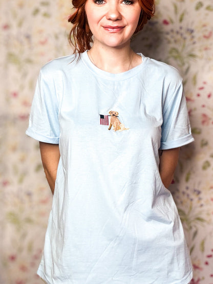 Light Blue Dog Holding American Flag T Shirt