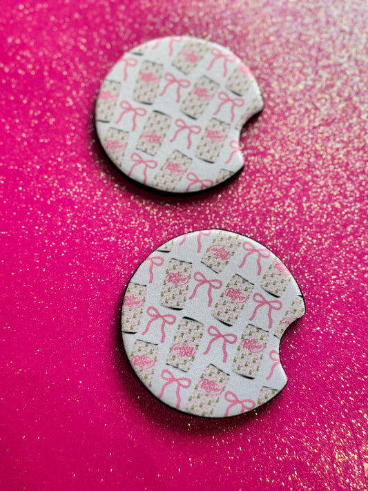 Bow and Dr Pepper car coasters