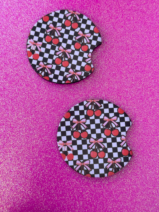 Black checkered cherries car coasters