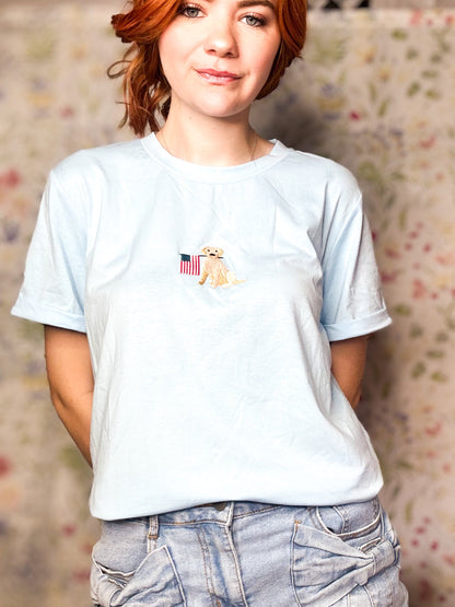 Light Blue Dog Holding American Flag T Shirt