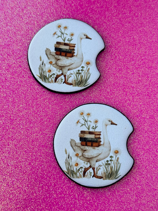 Goose and books car coasters
