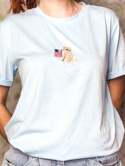 Light Blue Dog Holding American Flag T Shirt