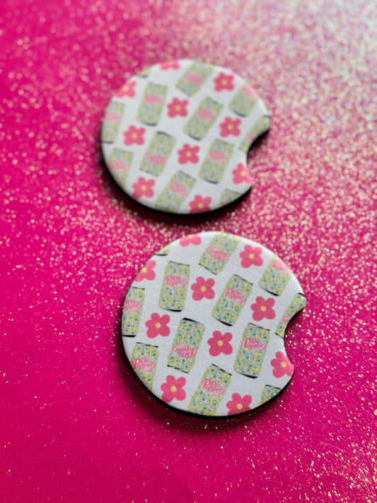Pink flowers and dr.pep car coasters