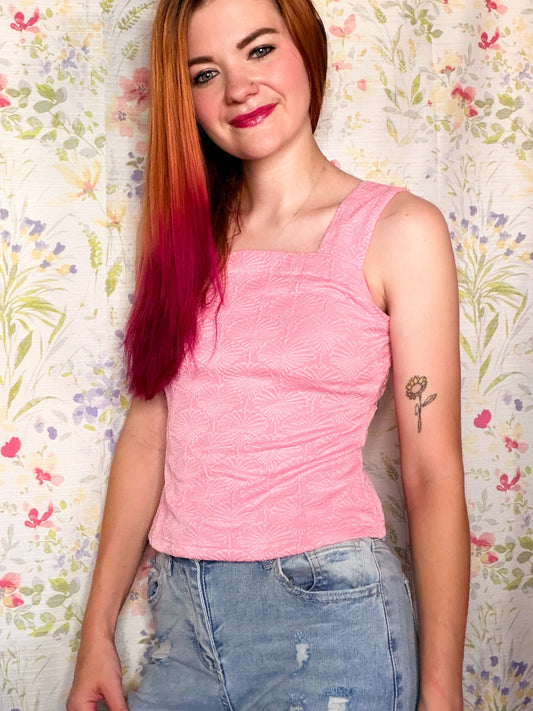 Pink Scalloped Square Neck Tank Top