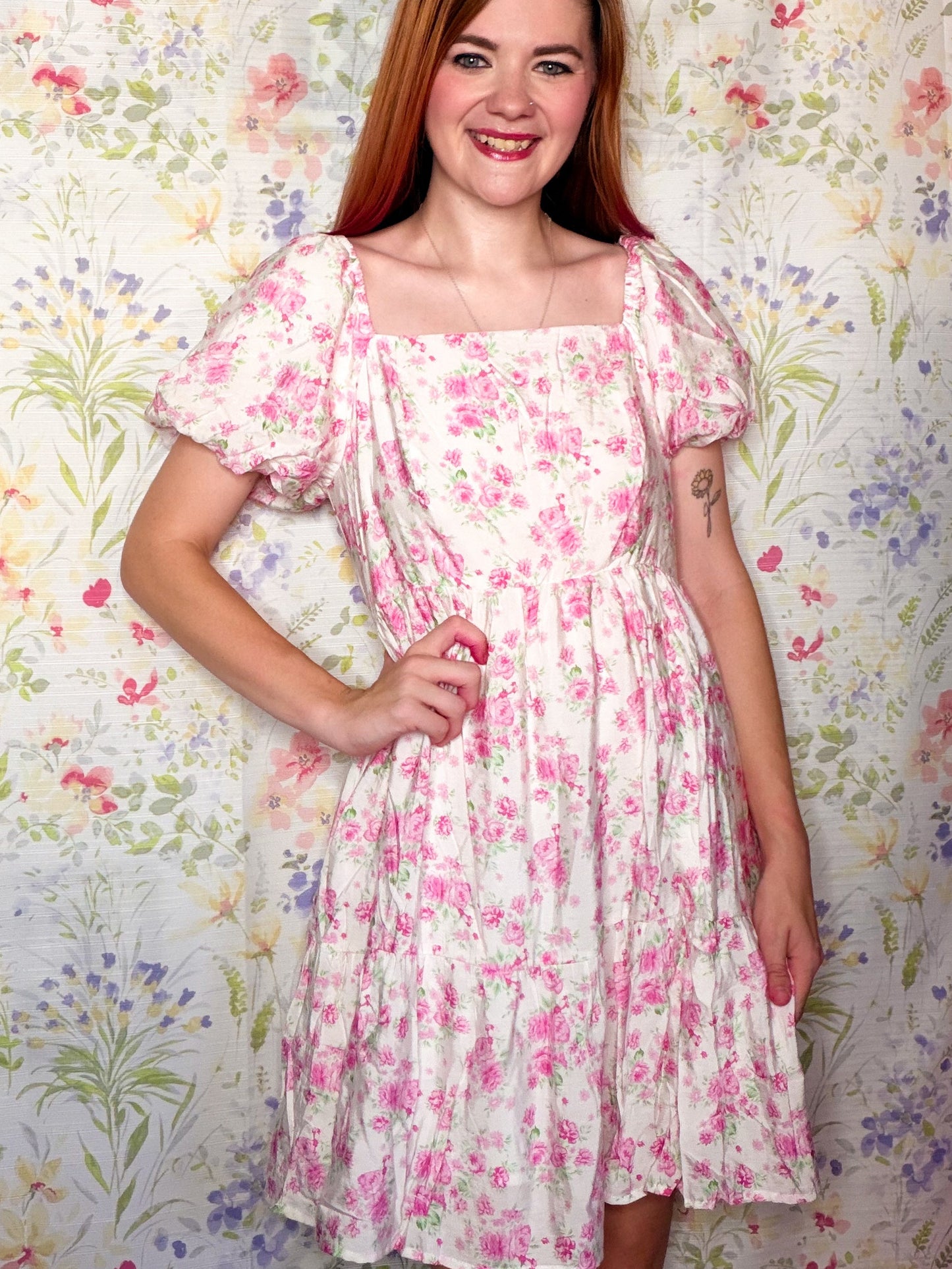 Pink Floral Square Neck Dress