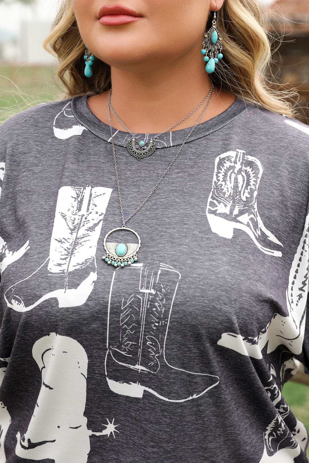 Gray Plus Size Western Boots Print Crew Neck T Shirt