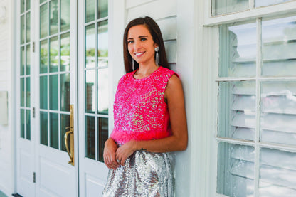Feather or Not Sequin Crop with Feather Trim, Hot Pink