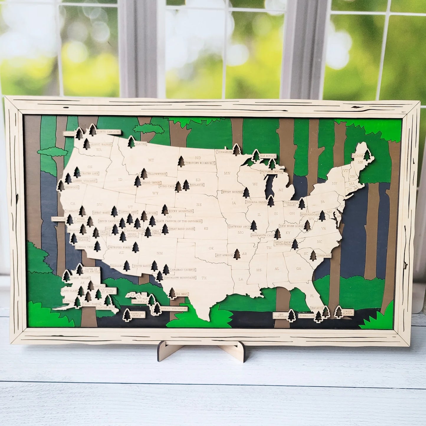 Handpainted "Forest" US National Parks Tracker Map - 18x11