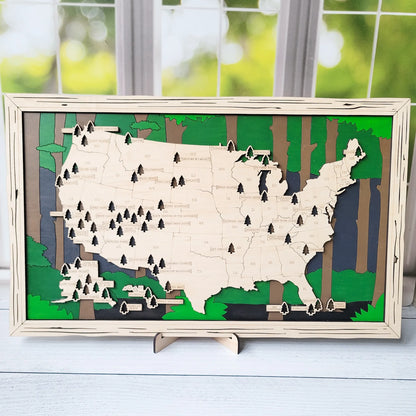 Handpainted "Forest" US National Parks Tracker Map - 18x11