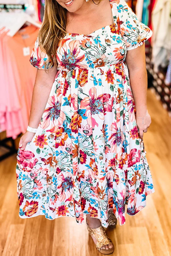 White Floral Plus Size Midi Dress