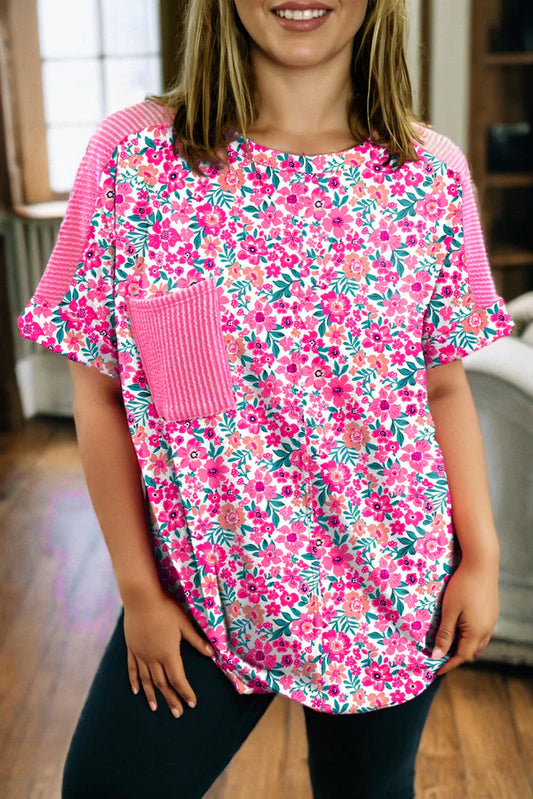 Pink Plus Size Floral Corded Loose Top